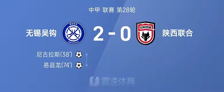 中甲战报无锡吴钩2比0陕西联合尼古拉斯易县龙建功