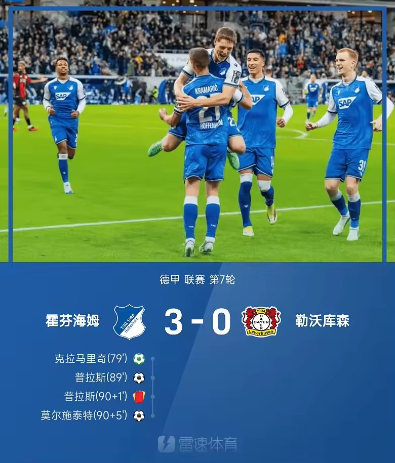 德甲战报克拉马里奇点射普拉斯建功霍芬海姆三球完胜勒沃库森